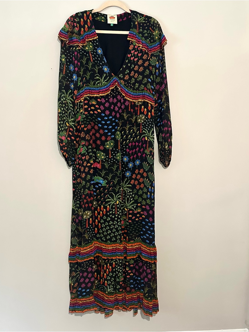Farm Rio Black Tropical Floral Embroidered Trim Maxi Dress Size M